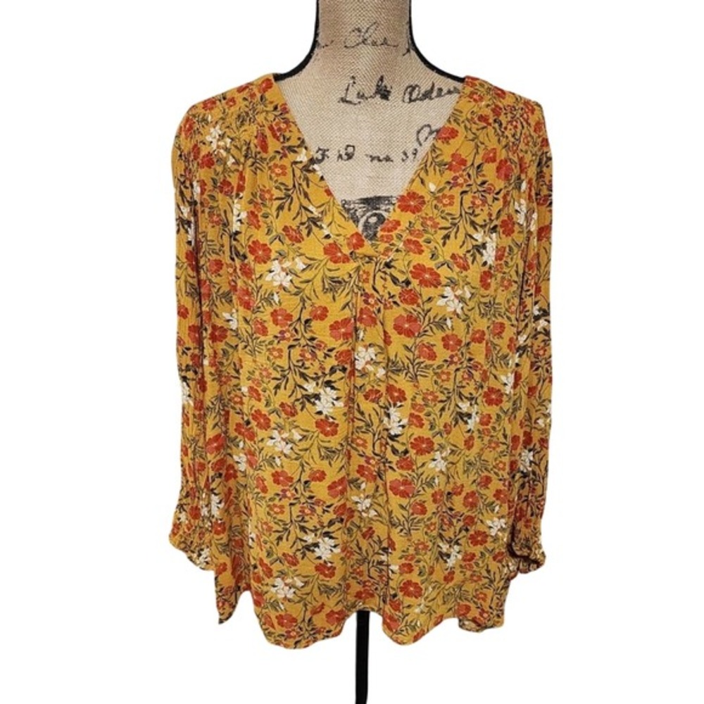 Jones New York JNY Mustard Yellow Floral V-Neck Smocked Cuff Blouse Plus Size 3X
